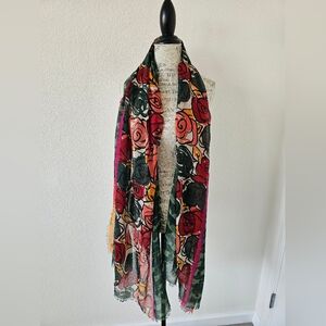 D & Y Multicolor Rose Abstract Print Sheer Wide Scarf Shawl With Freyed Edges